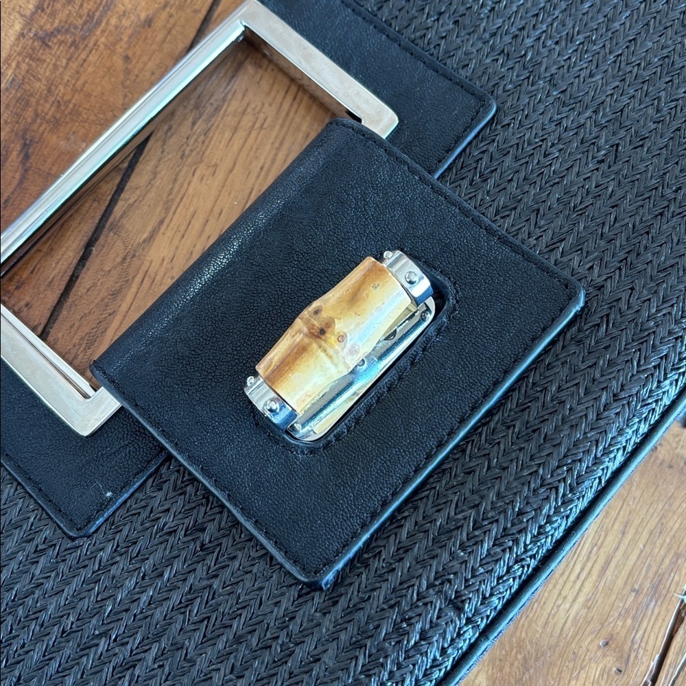 The Limited Black Leather and Woven Clutch Silver Tone Handle Toggle Close Bag - Picture 4 of 11